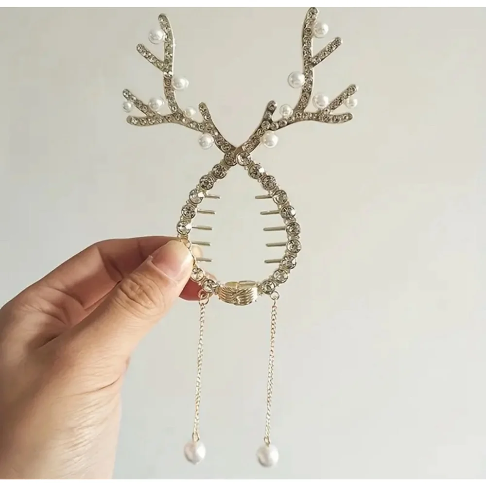 Rhinestone Christmas Reindeer Antlers Hair Clip with Faux Pearl Accent